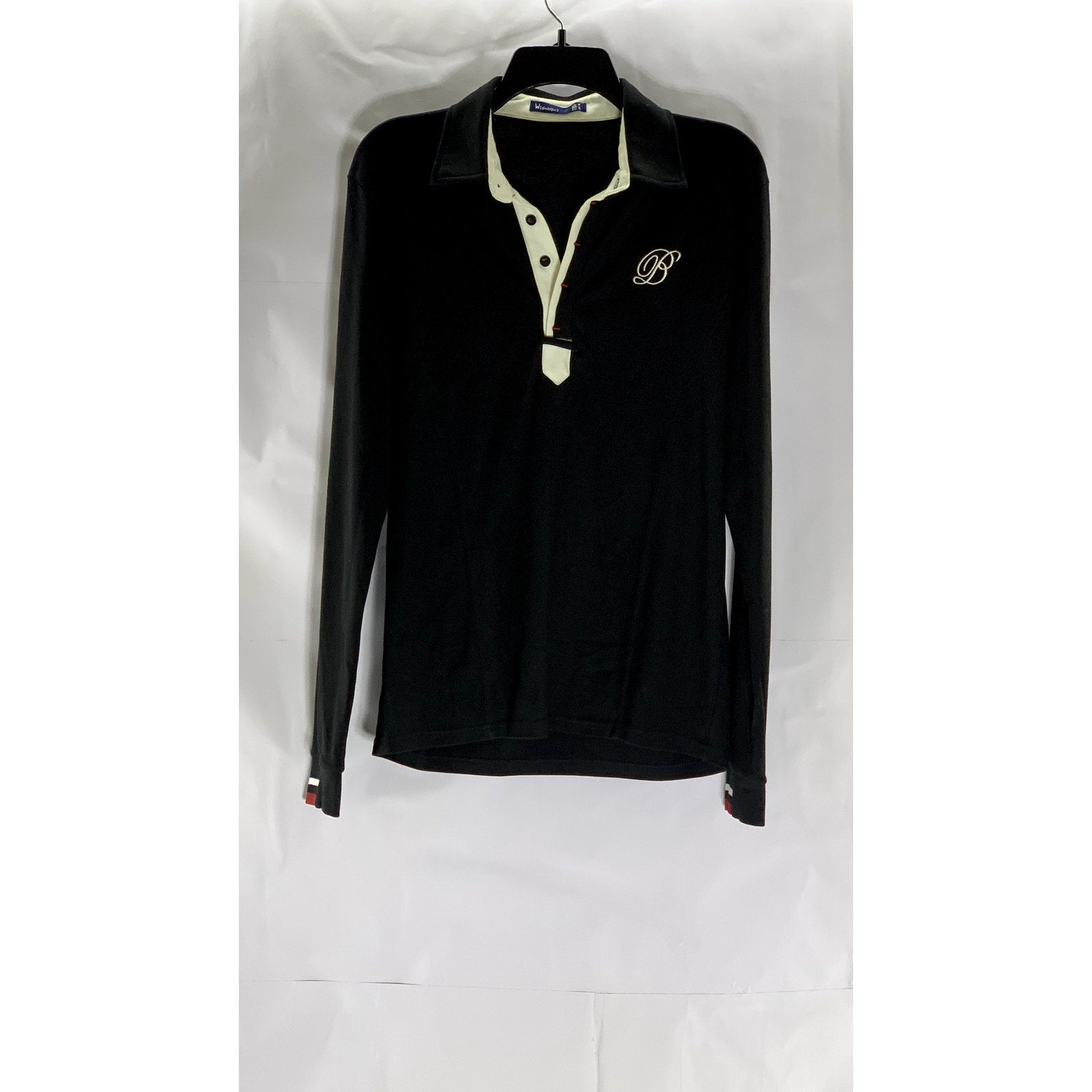 W[DABLJU:] Men's Black-Beige Embroidered 'B' Long Sleeve Polo Shirt SZ M