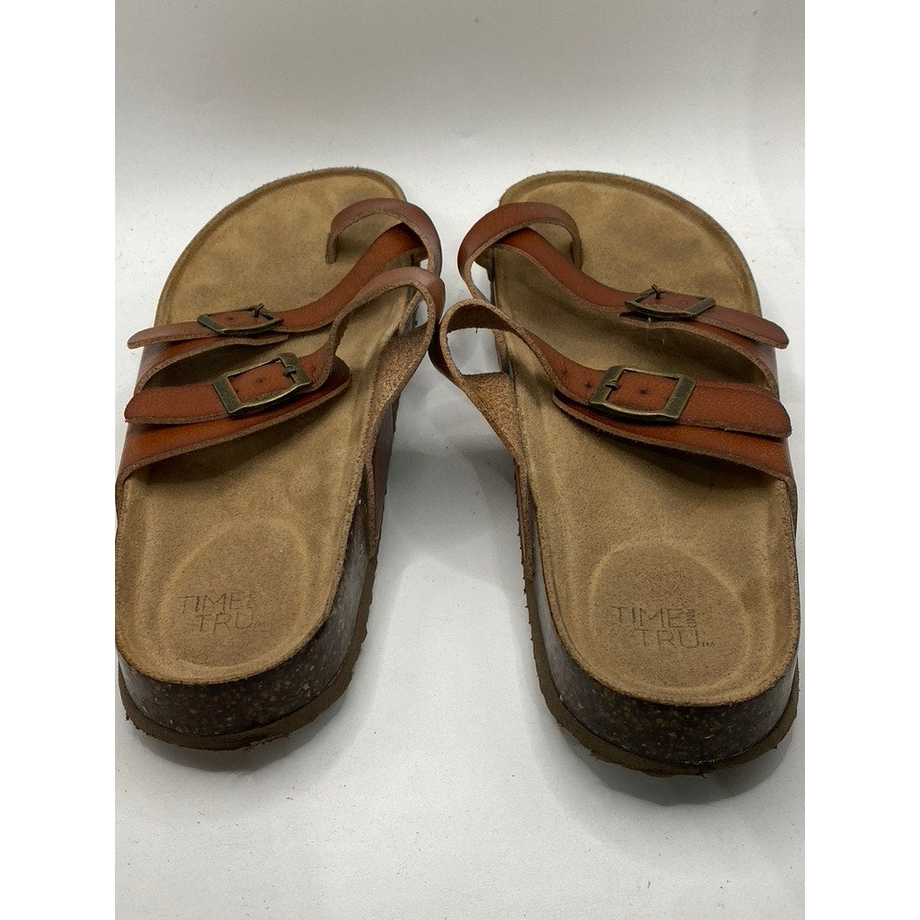 TIME & TRU Women's Brown Leather Toe-Strap Slip-On Flat Sandals SZ 6