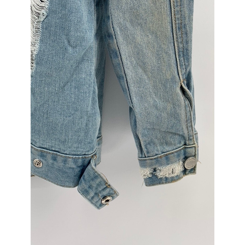 GB GIANNI BINI Women's Blue Distressed Button-Up Long Sleeve Jean Jacket SZ L