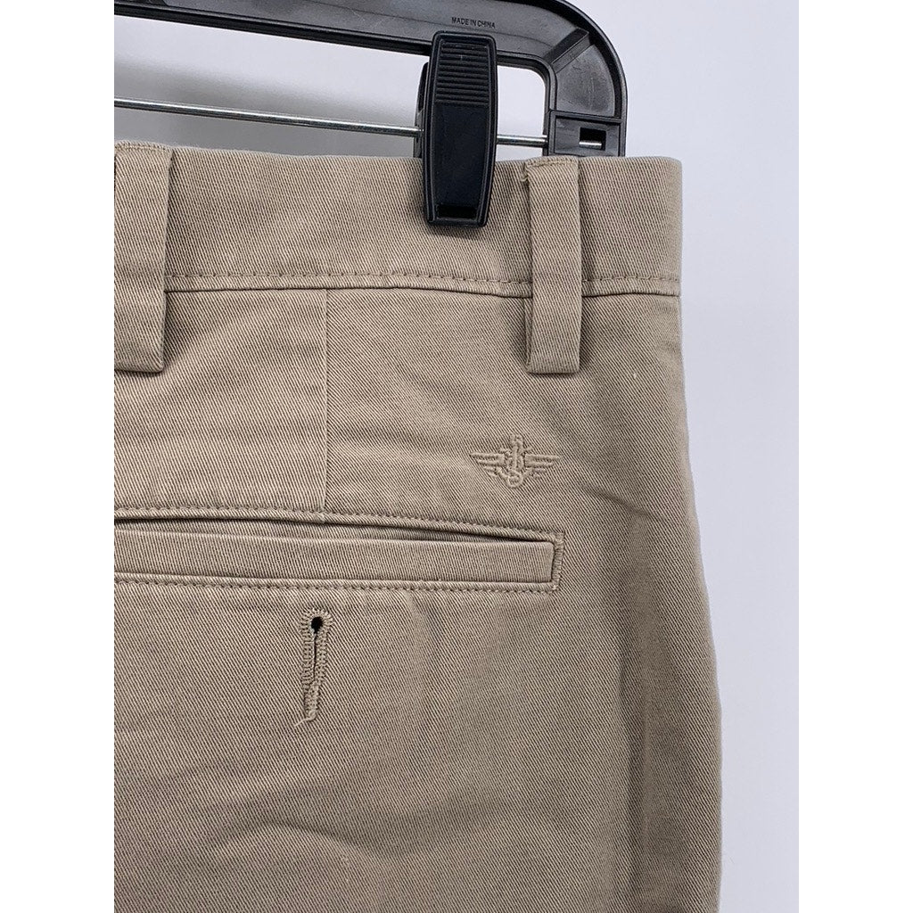 DOCKERS Men's Classic Fit Flat Front Straight Leg Tan Distressed Pants SZ 33x29