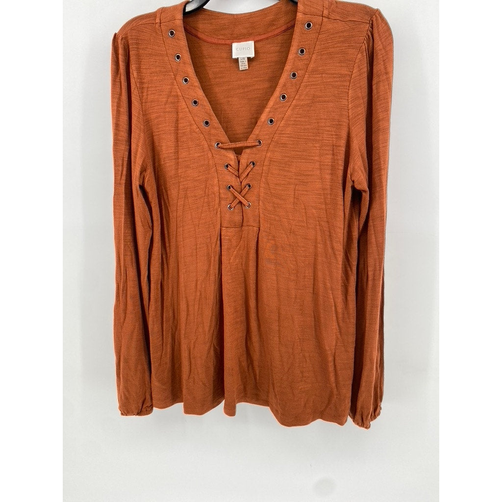 CUPIO Women's Rust Lace-Up V-Neck Long Sleeve Top SZX L