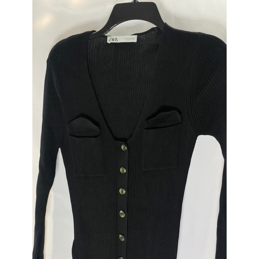 ZARA Women's Black Ribbed Flap Pocket Button-Down Belted Long Sleeve Dress SZ M
