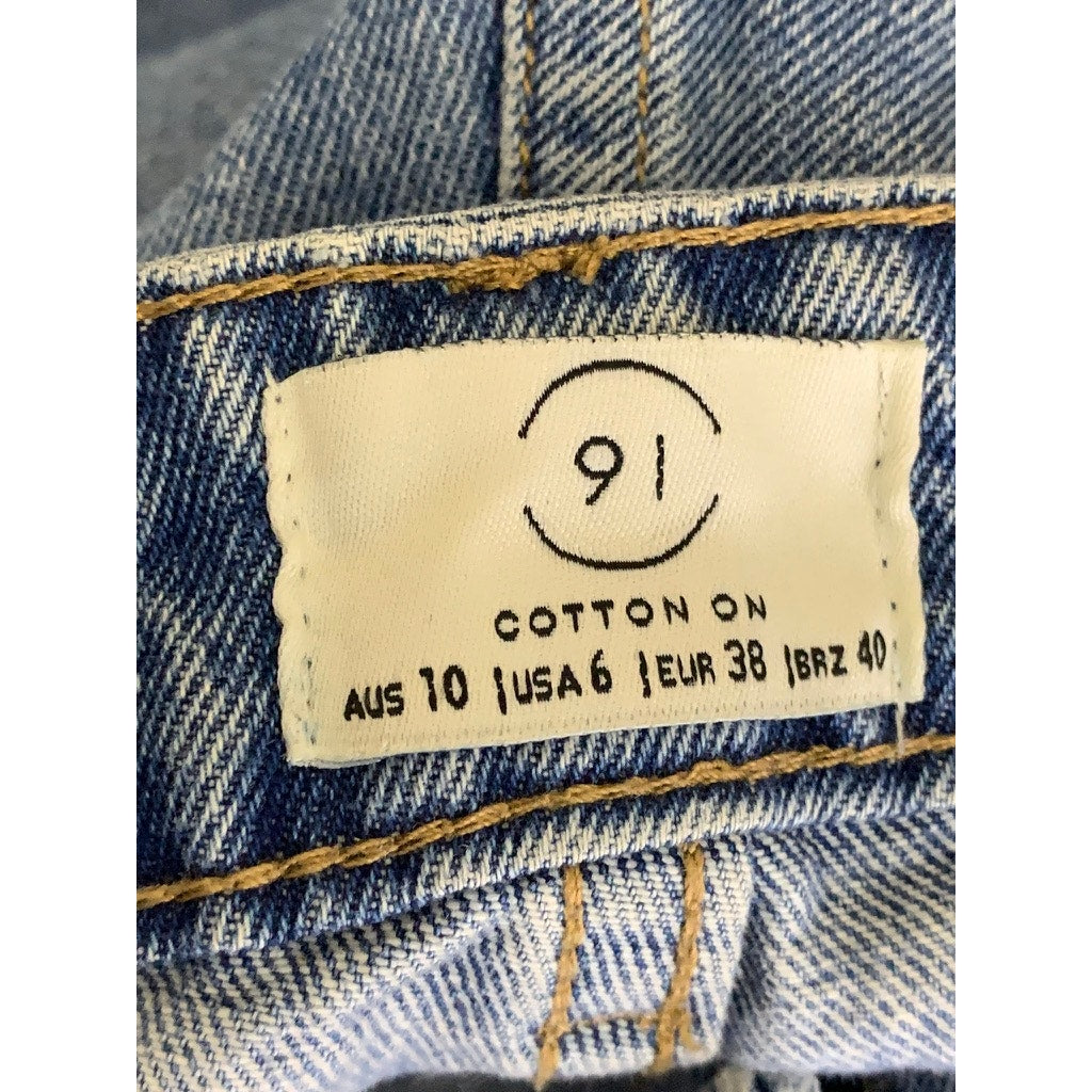 COTTON ON Women's Blue Denim Tapered-Leg High-Ris Distressed Mom Jean SZ 6