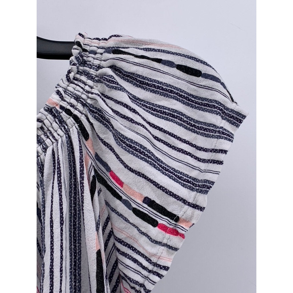 UNBRANDED Women's White-Navy Striped Boho Top SZ M
