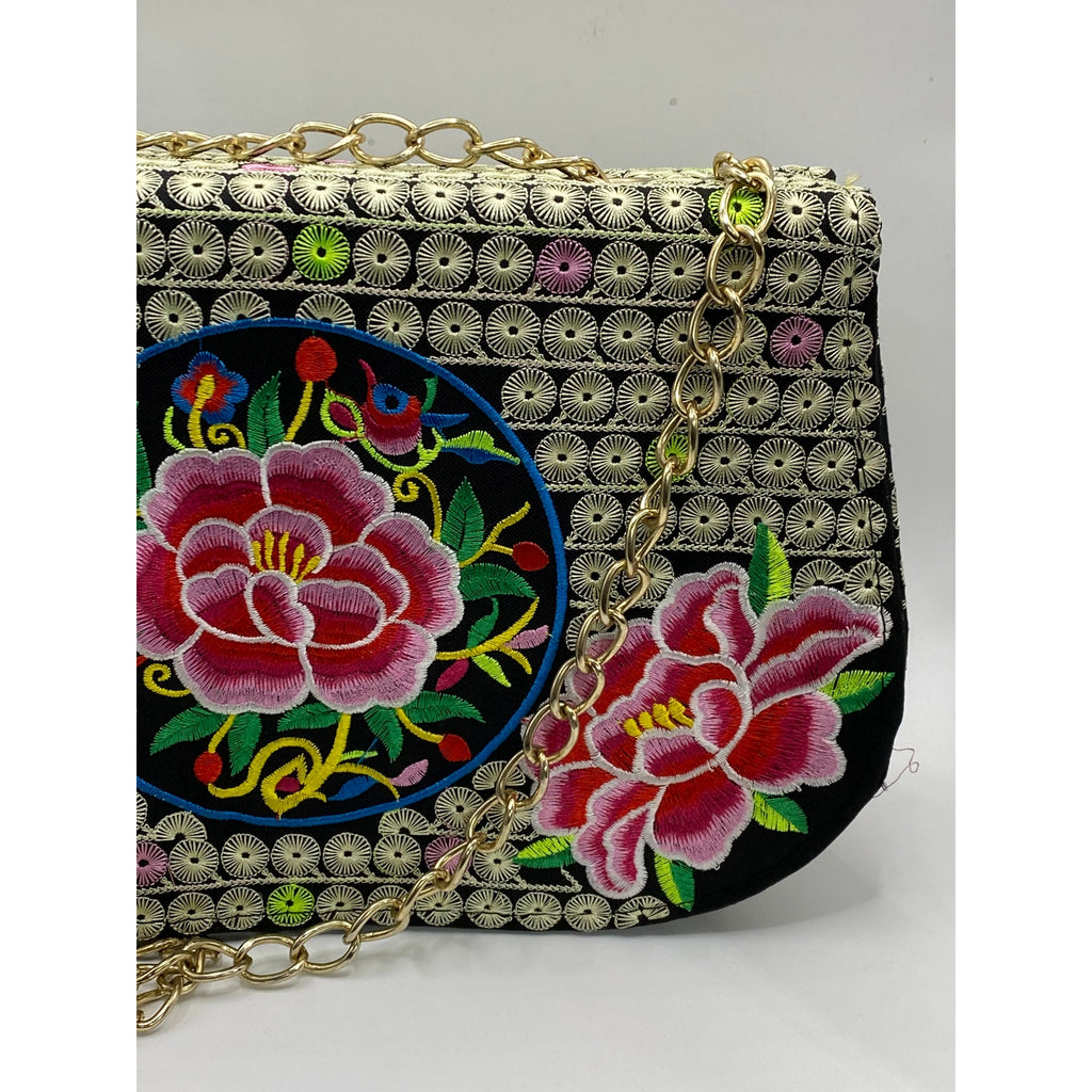 UNBRANDED Women's Black-Multi Dahlia Embroidered Flap Chain-Strap Bag