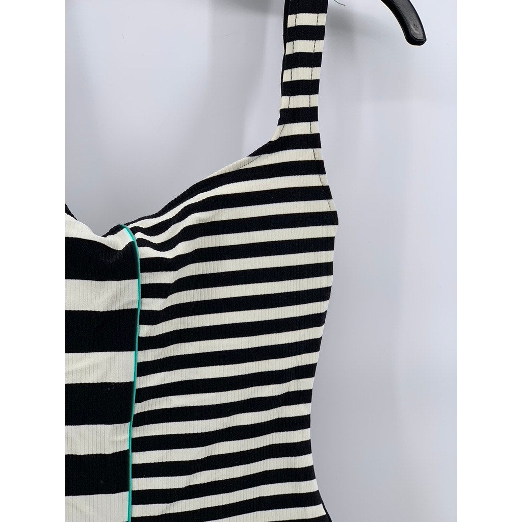 BEACH HOUSE Women's Black-White Vintage Striped Ruffle One-Piece Swimsuit SZ 6