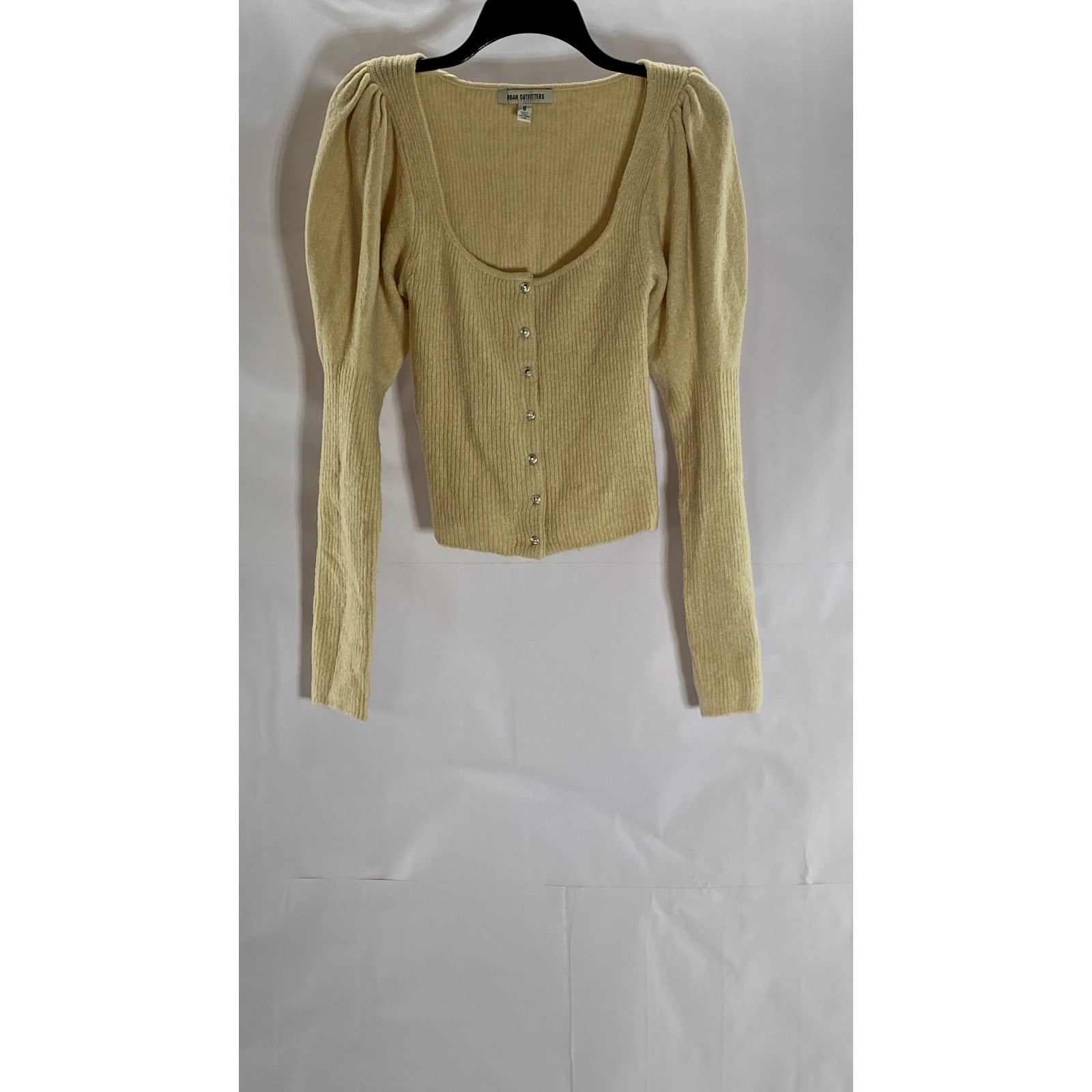 URBAN OUTFITTERS Women's Beige Rhinestone Button-Down Ribbed Cardigan SZ M