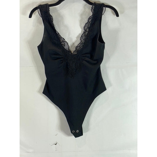 FREE PEOPLE Women's Black First Call V-Neck Lace-Trim Ribbed Thong Bodysuit SZXS