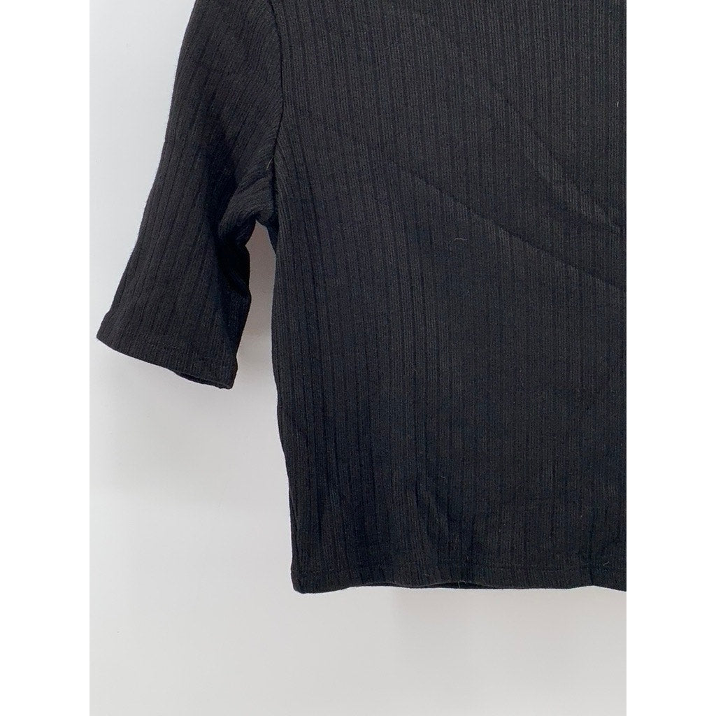 ZARA Women's Black Ribbed Mock-Neck Elbow Sleeve Top SZ M