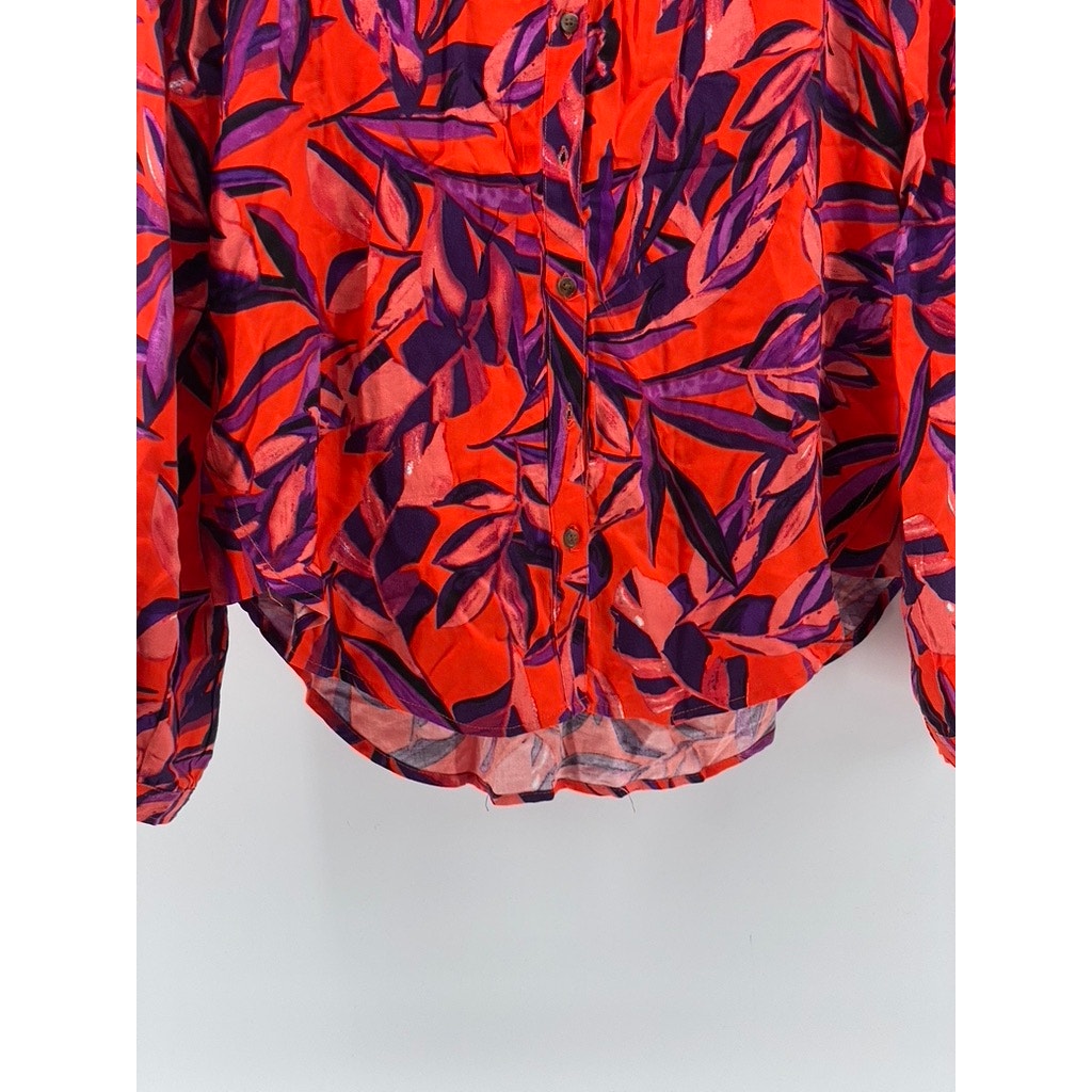 CHELSEA & THEODORE Women's Red Multi Leaf Print Button-Up Long Sleeve Top SZ S