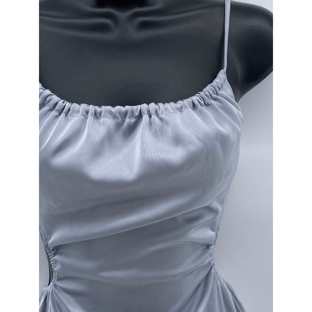 SUNDAYS Women's Blue Satin Backless Straight-Neck Fit & Flare Mini Dress SZ M