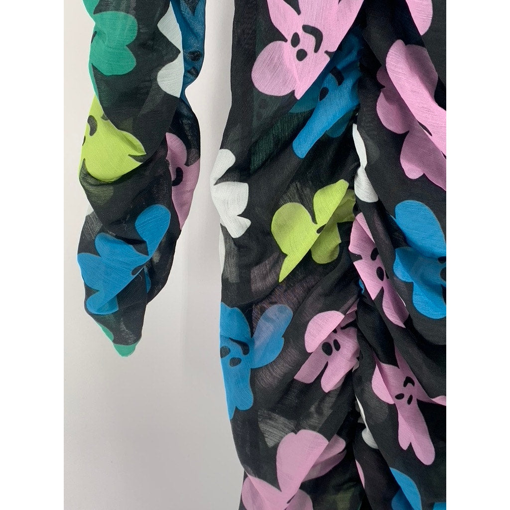 COLLUSION Women's Black Daisy Floral Print Sheer Ruched Bodycon Mini Dress SZ 12