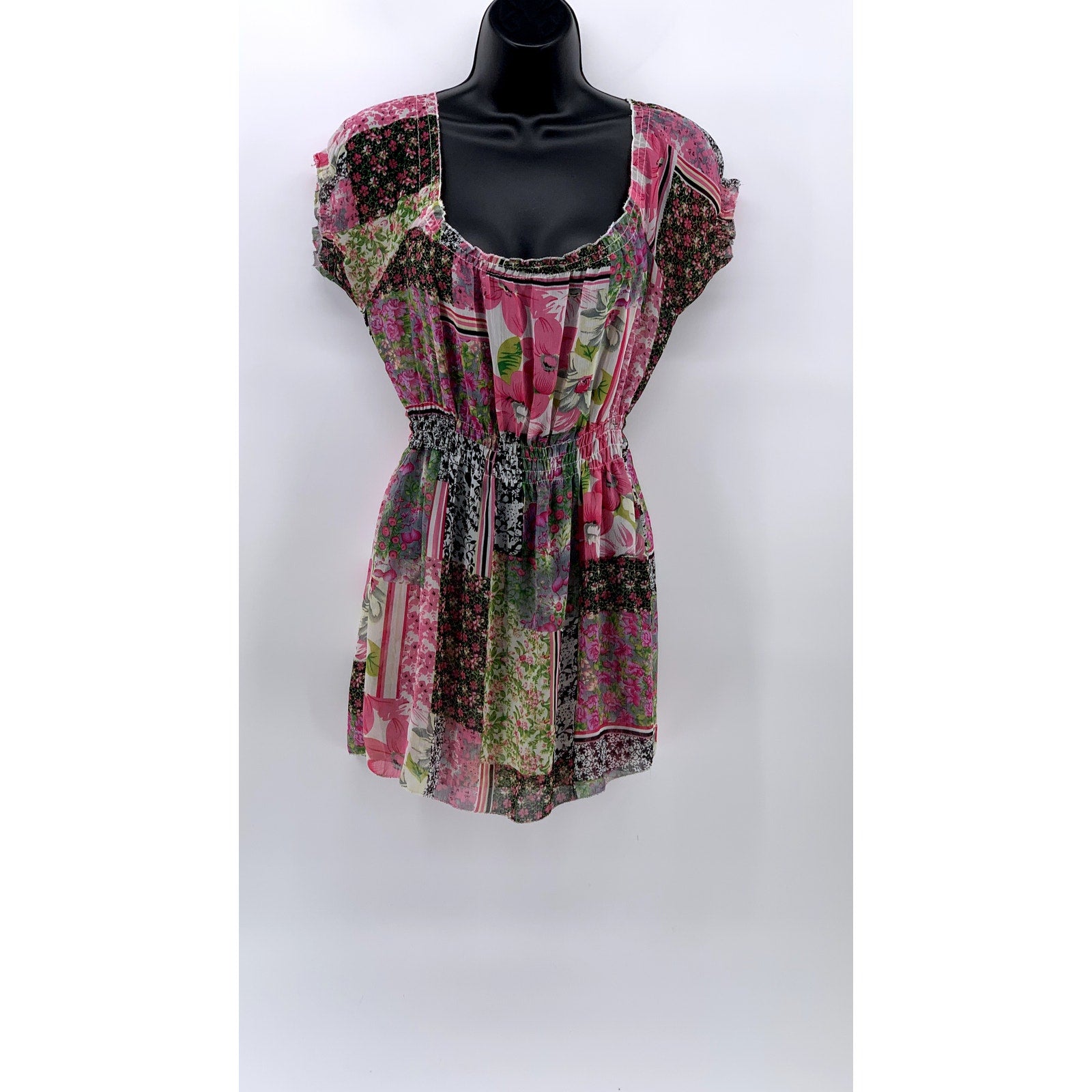 UNBRANDED Women's Pink-Green Multi Printed Puff-Short Sleeve A-Line Dress SZ S