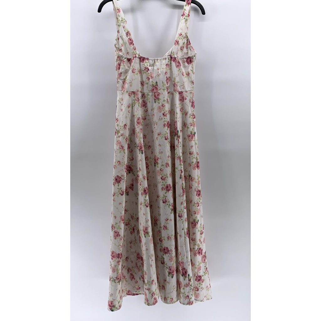 UNBRANDED Women's White-Pink Floral Sweetheart-Neck Side Slit Maxi Dress SZ M