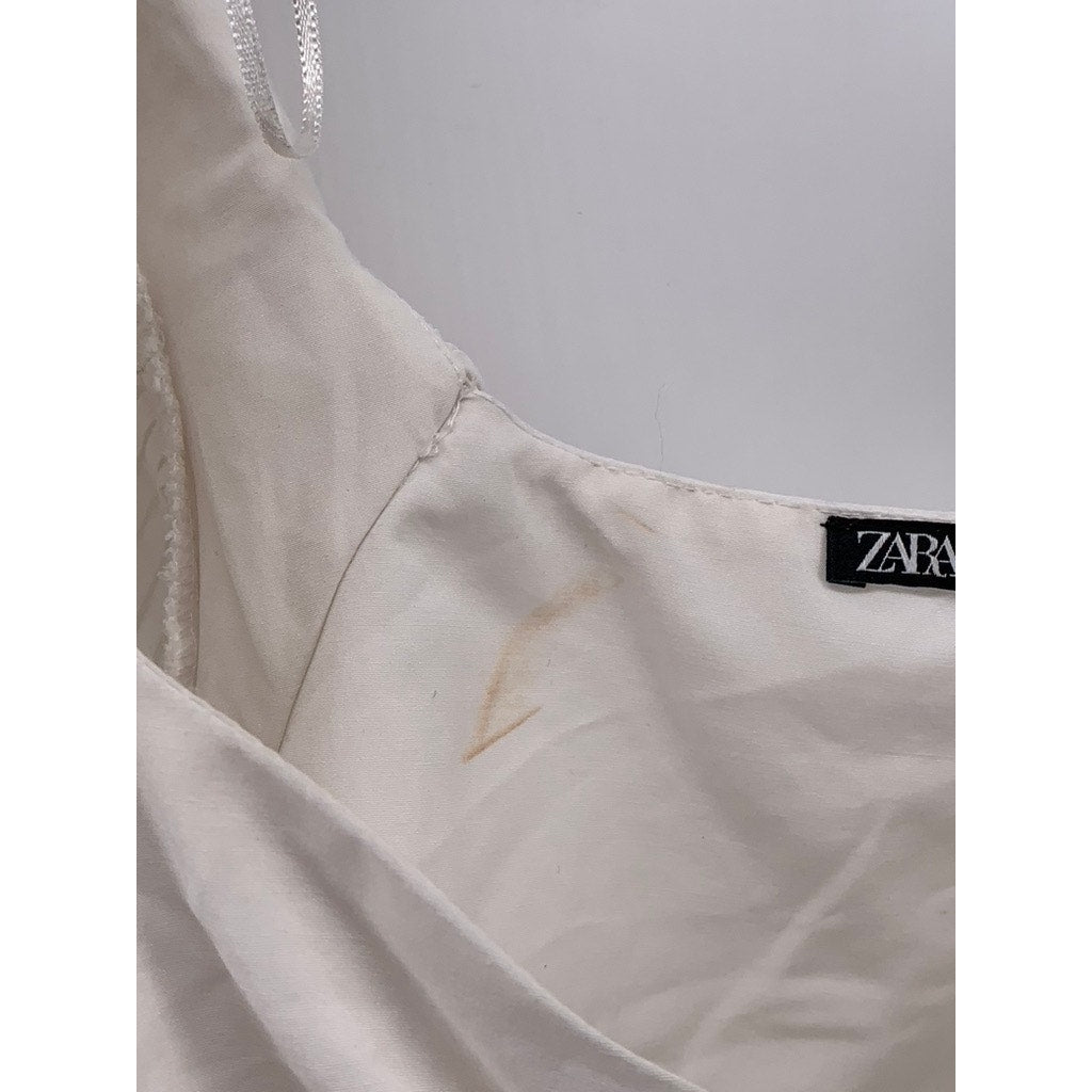 ZARA Women’s White Pleated Ruffle Sleeve Cinched Bust Cropped Top SZ S