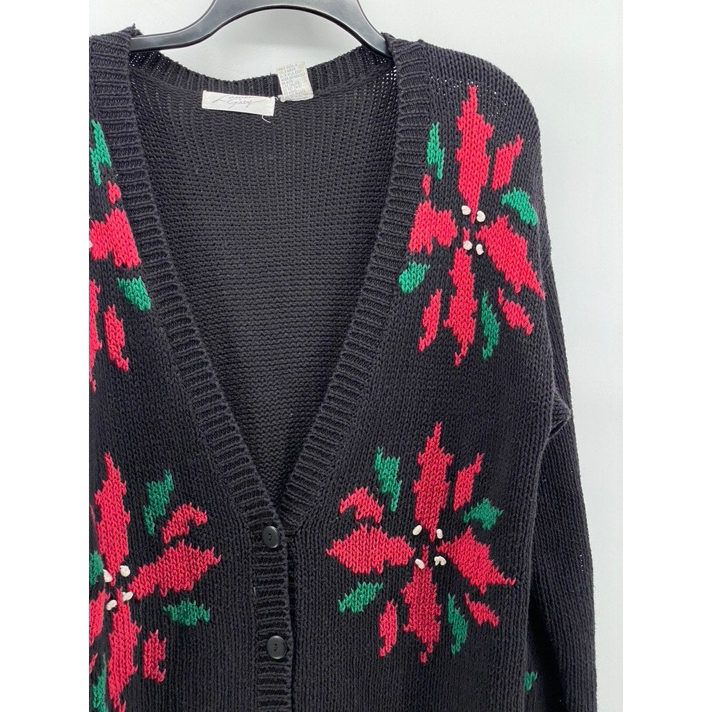 LAUREN GREY Women's Vintage Black-Red Poinsettia Knit Button-Up Cardigan SZ M