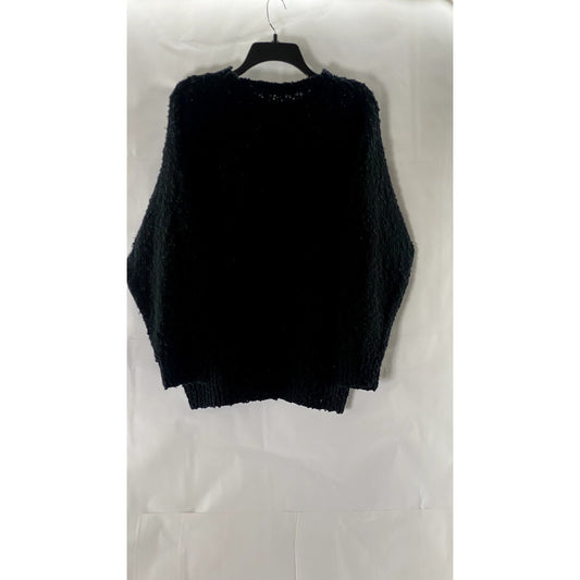 UNBRANDED Women's Black Beaded Floral Appliqué Crewneck Pullover Sweater SZ L