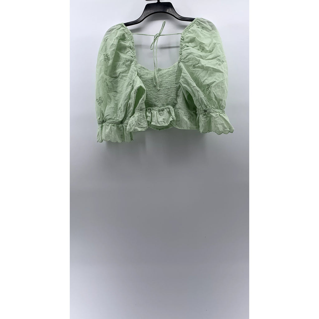 ZARA Women’s Mint Green Embroidered Eyelet Puff-Sleeve Crop Top SZ M