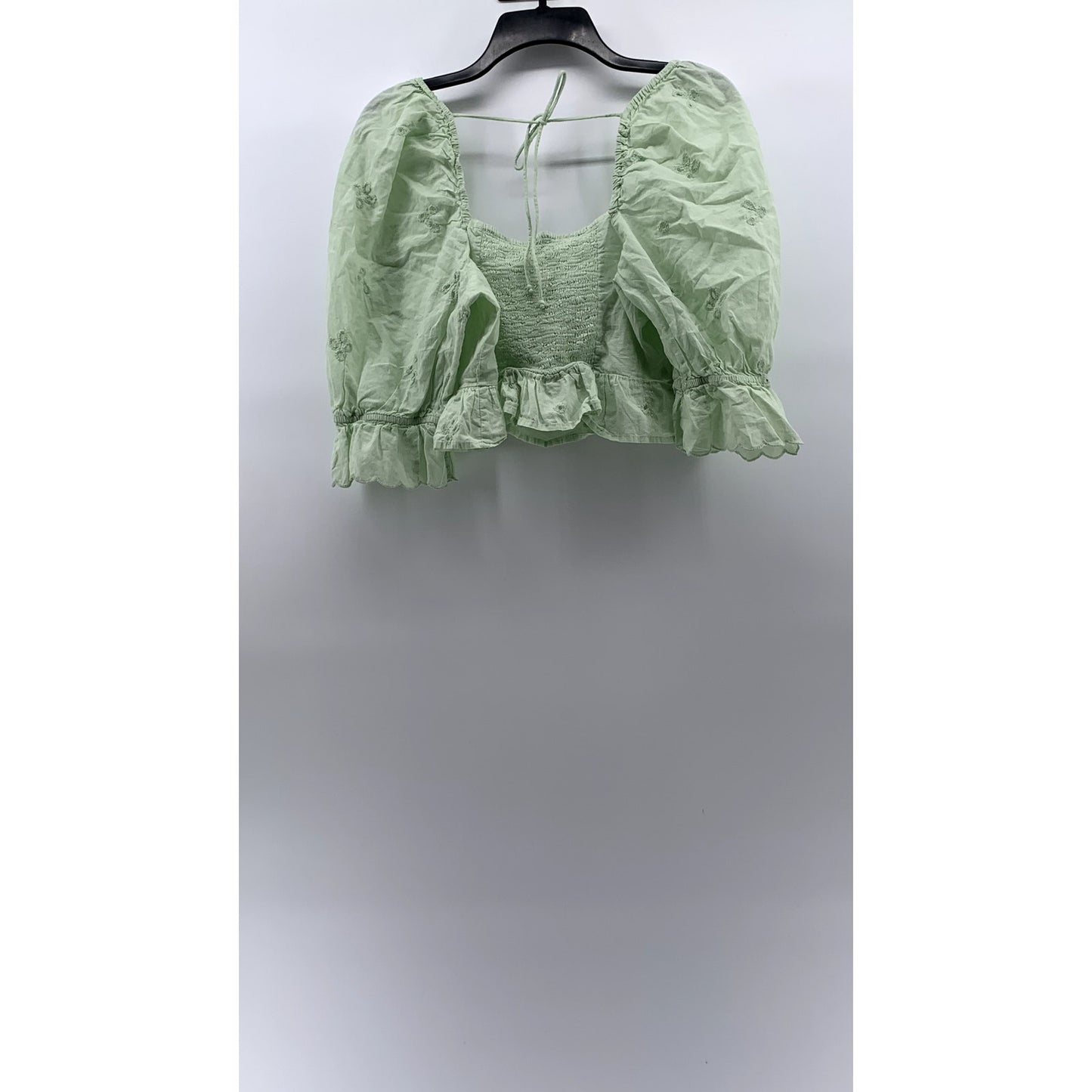 ZARA Women’s Mint Green Embroidered Eyelet Puff-Sleeve Crop Top SZ M
