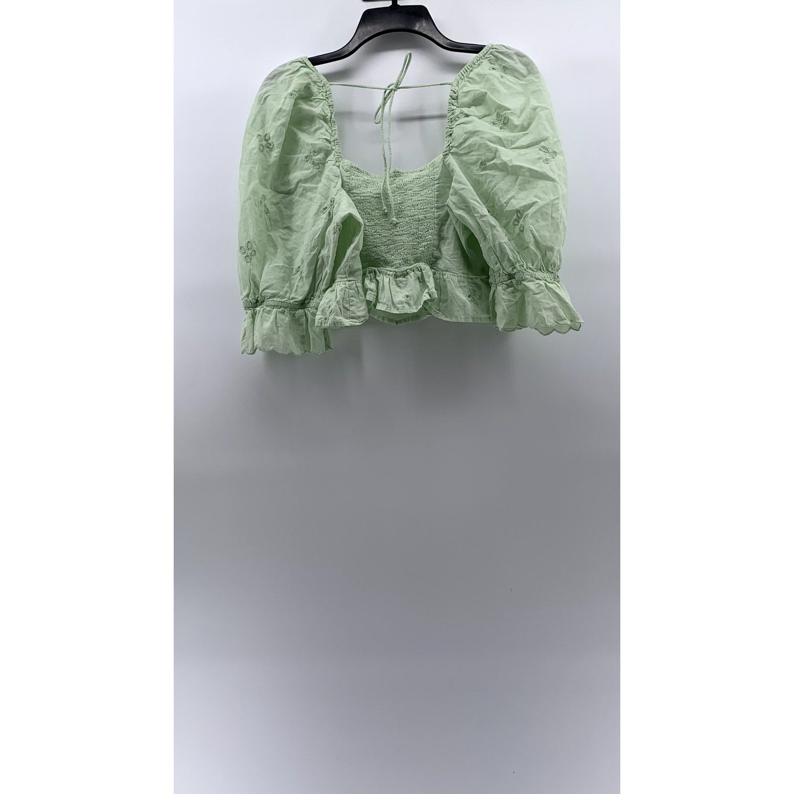 ZARA Women’s Mint Green Embroidered Eyelet Puff-Sleeve Crop Top SZ M