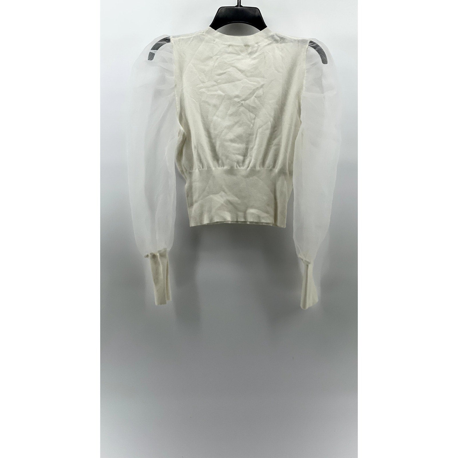 IDEM DITTO Women's White Crewneck Sheer Long Puff Sleeve Cropped Top SZ L