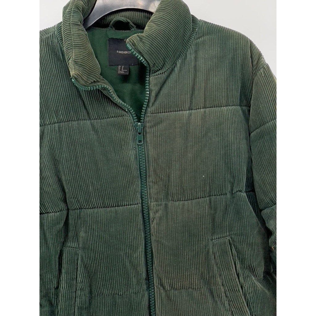 FOREVER 21 Women's Dark Green Corduroy Puffer Jacket SZ M