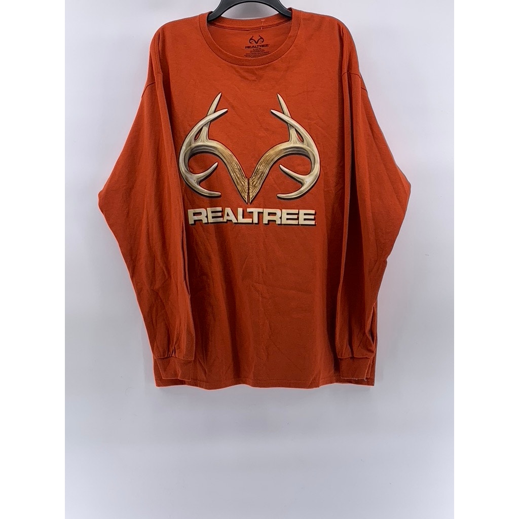 REALTREE Men's Orange Crewneck Graphic Logo Casual Long Sleeve T-Shirt SZ XL