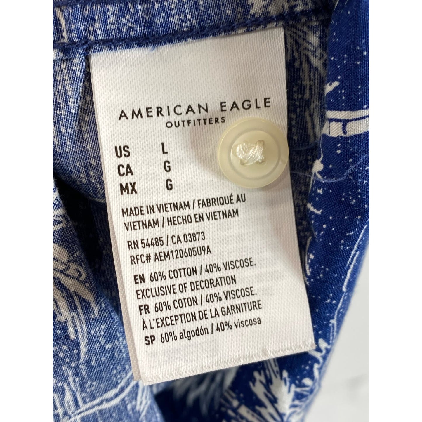 AMERICAN EAGLE Men's Blue Palm Tree Graphic Regular-Fit Button-Up Shirt SZ L