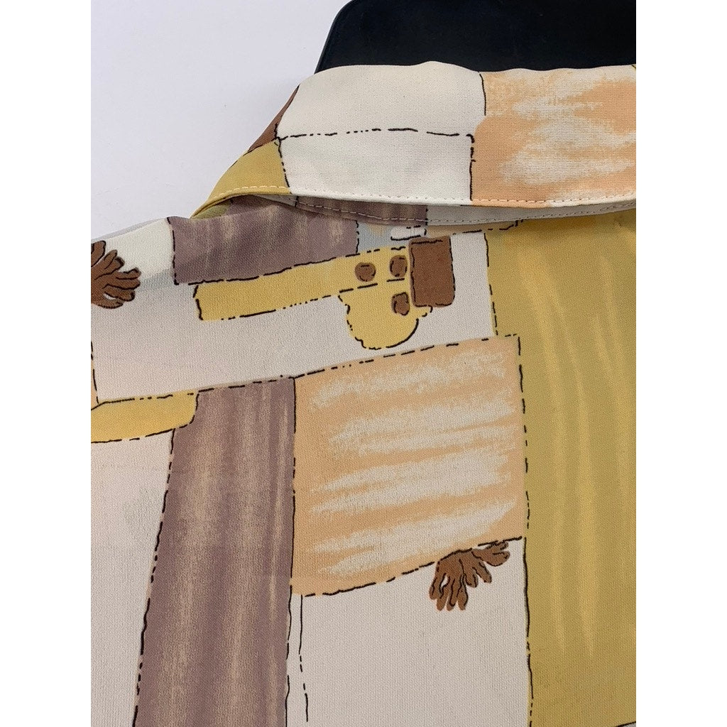 CA MEE Women's Vintage 70's Tan-Beige Square Print Button-Up Long Sleeve Top SZM