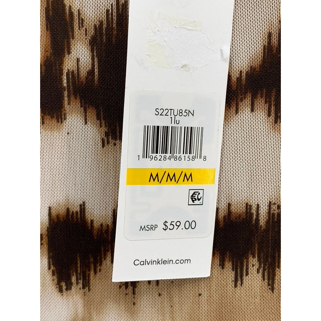 CALVIN KLEIN Women's Brown-Black Abstract Print Short Sleeve Crewneck Top M