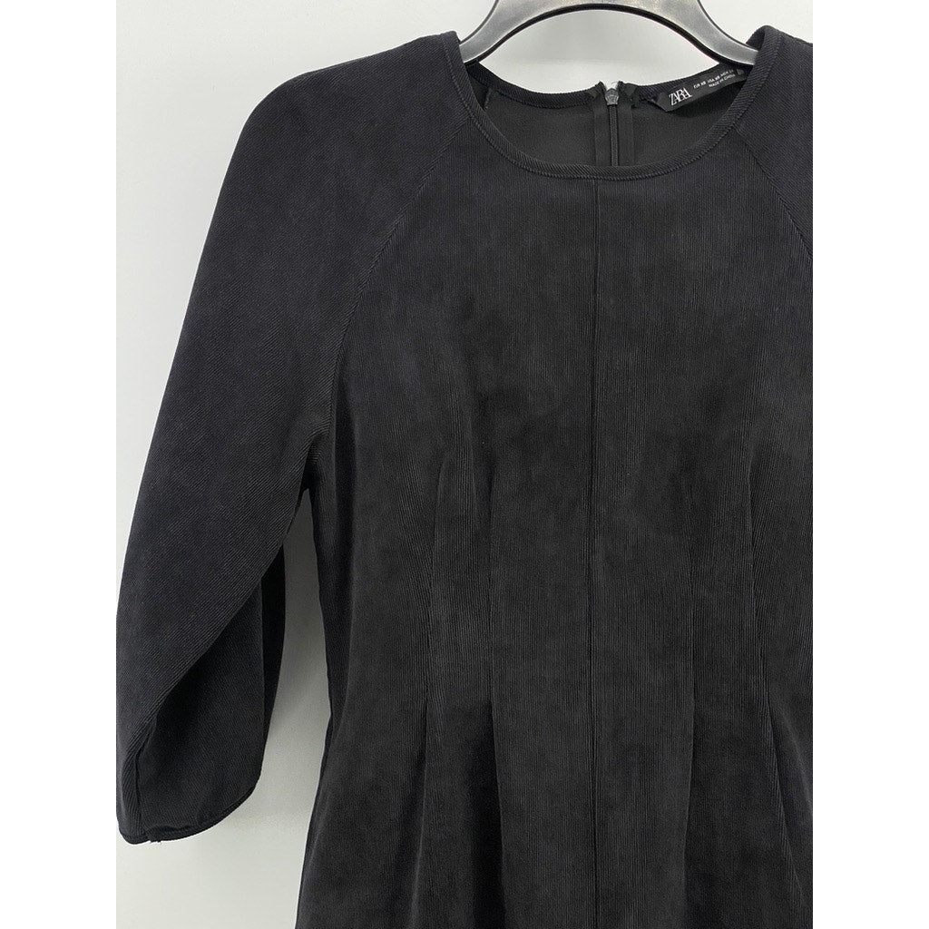 ZARA Women's Navy Blue Crewneck Corduroy Long Sleeve A-Line Mini Dress SZ XS
