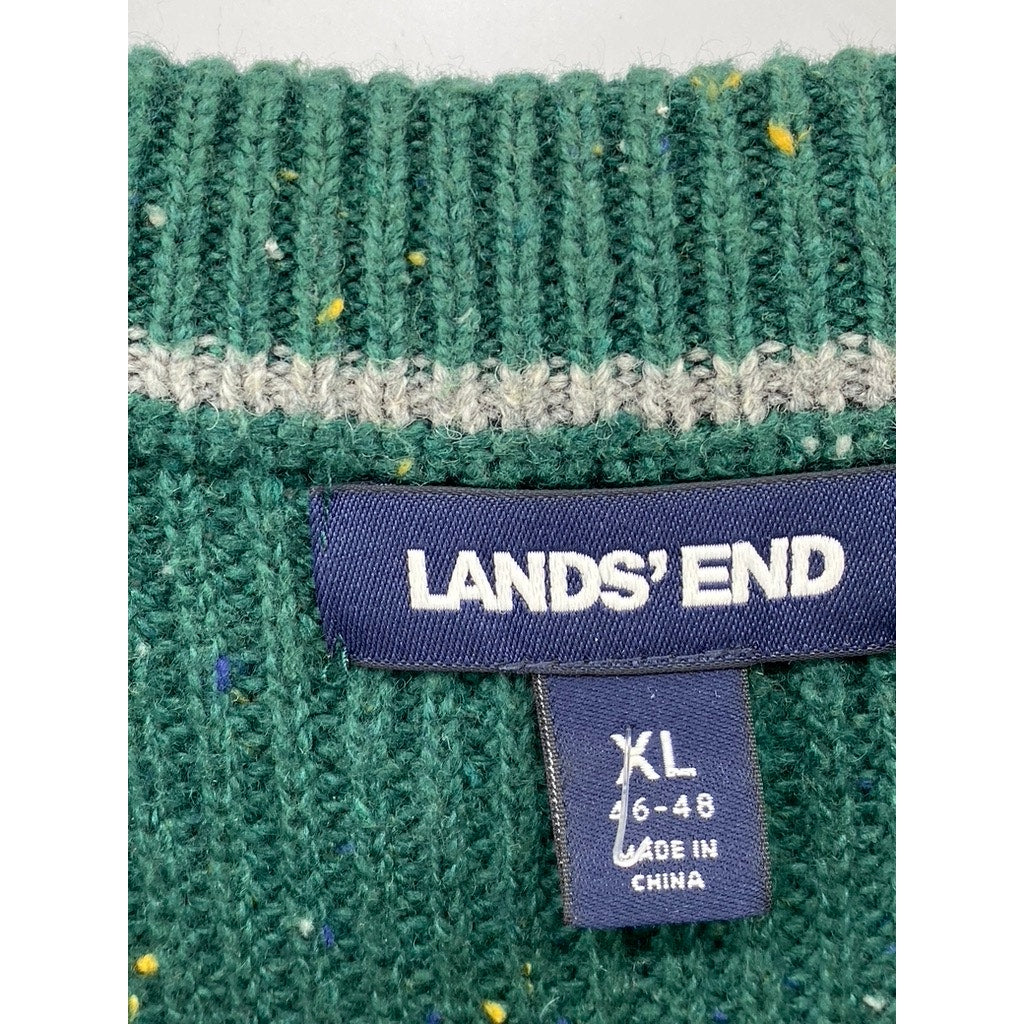 LANDS END Men’s Dark Green Speckle Knit Crewneck Cotton-Wool Blend Sweater SZ XL