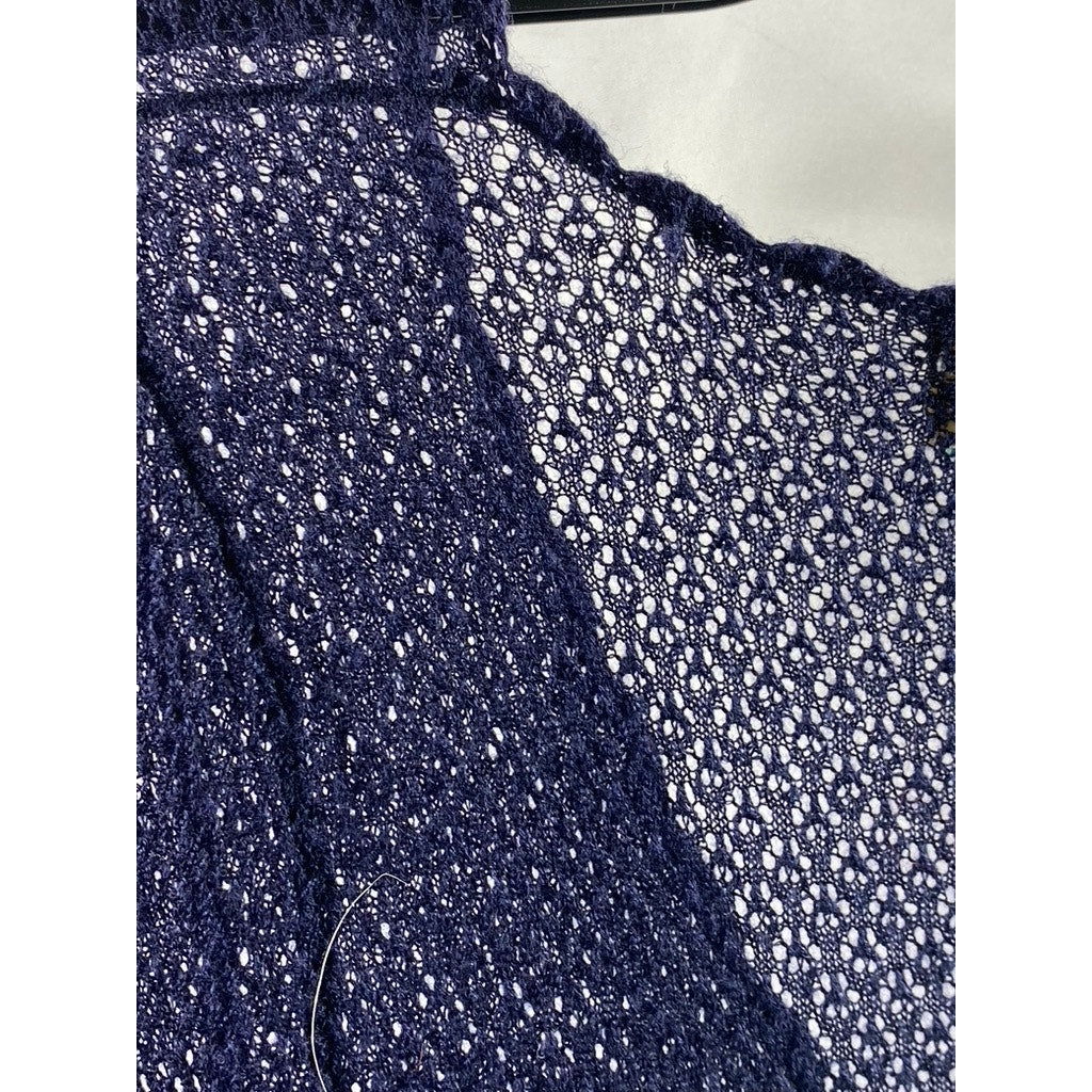 SPARROW Women's Navy Wool-Blend Crochet Knit V-Neck Long Sleeve Midi Dress SZ S