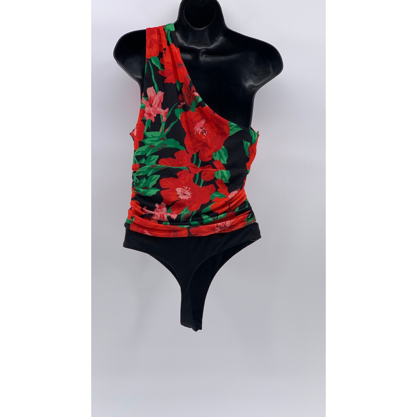 AFRM Women'S Black-Red Floral Delos One-Shoulder Cutout One-Piece Bodysuit SZ XS