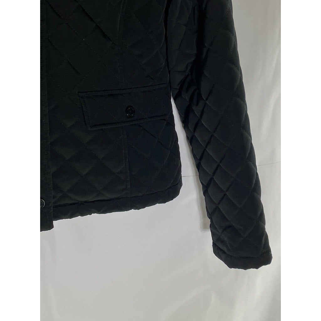 CALVIN KLEIN Women's Black Diamond Quilted Zip-Up Faux-Fur Hood Jacket SZ M