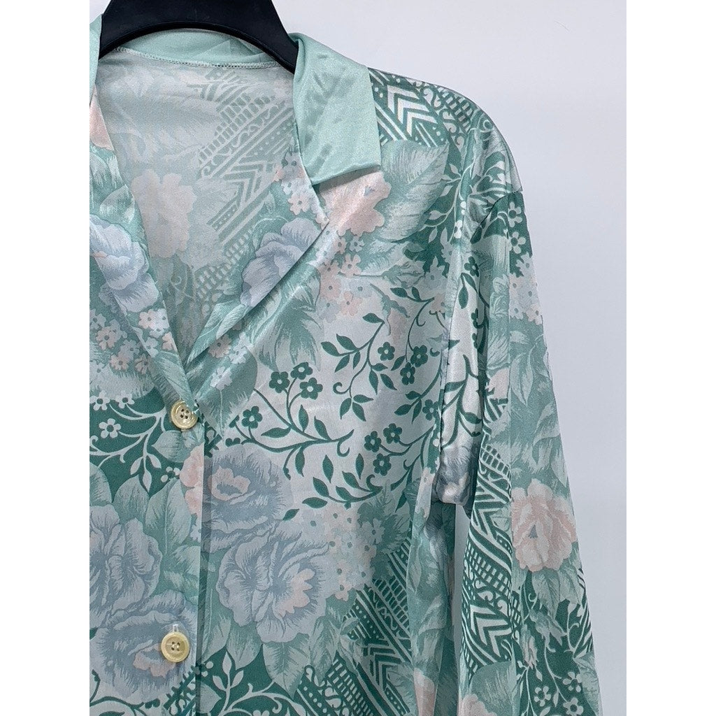 PETRA FASHIONS Women's Light Blue Floral Button-Up Notch Collar Sleepshirt SZ M