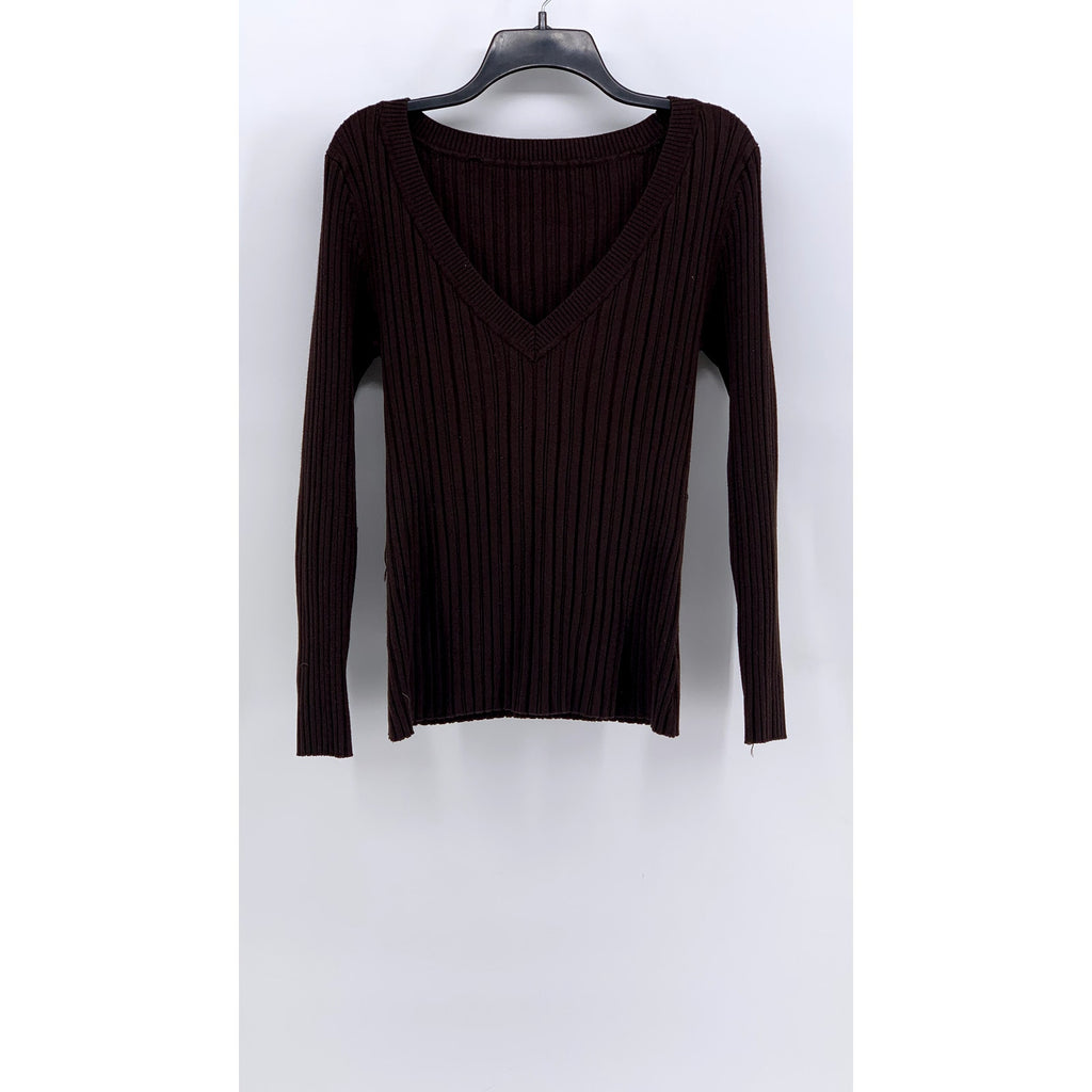 UNBRANDED Women's Brown Ribbed V-Neck Long Sleeve Top SZ S