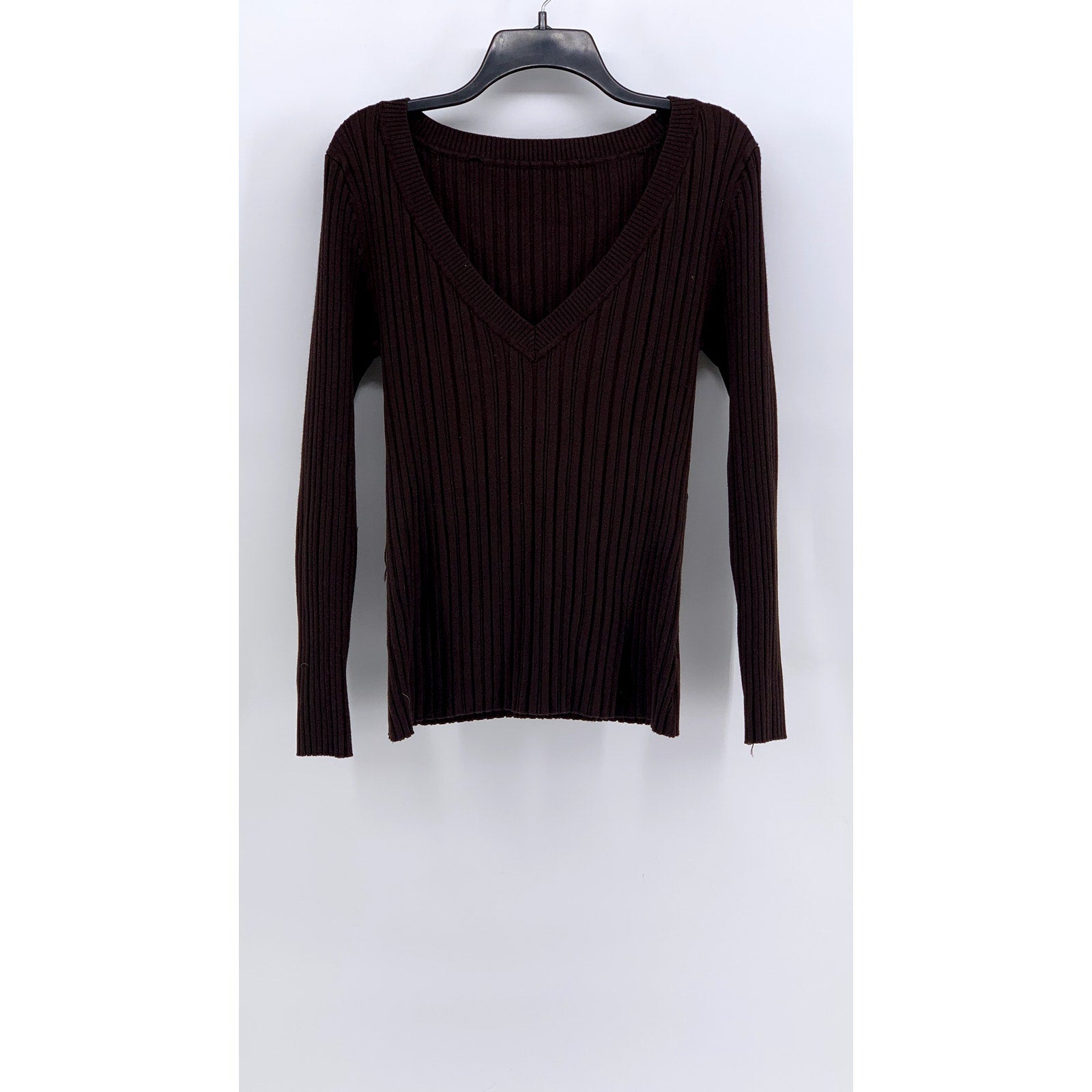 UNBRANDED Women's Brown Ribbed V-Neck Long Sleeve Top SZ S