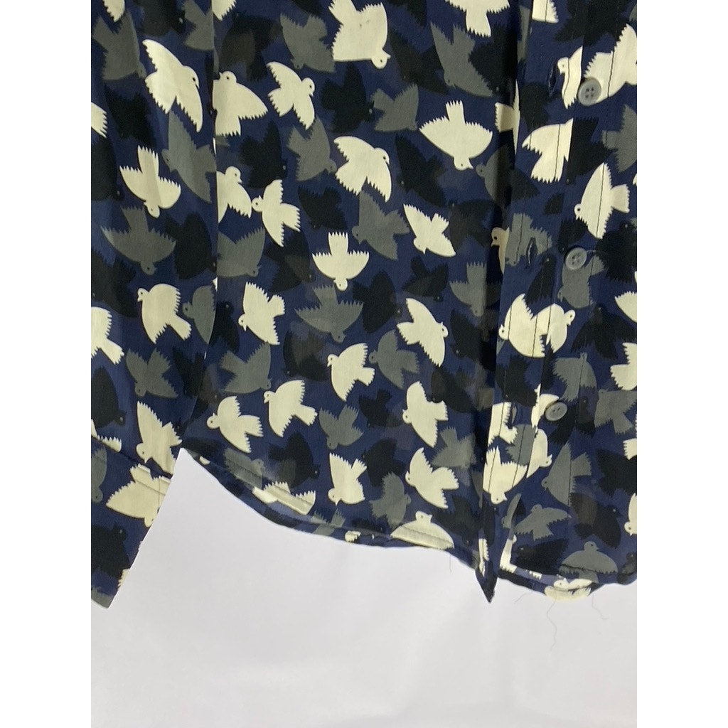 OAK73 Women's Blue/Black/White Bird Print Button-Up Long Sleeve Top SZ M