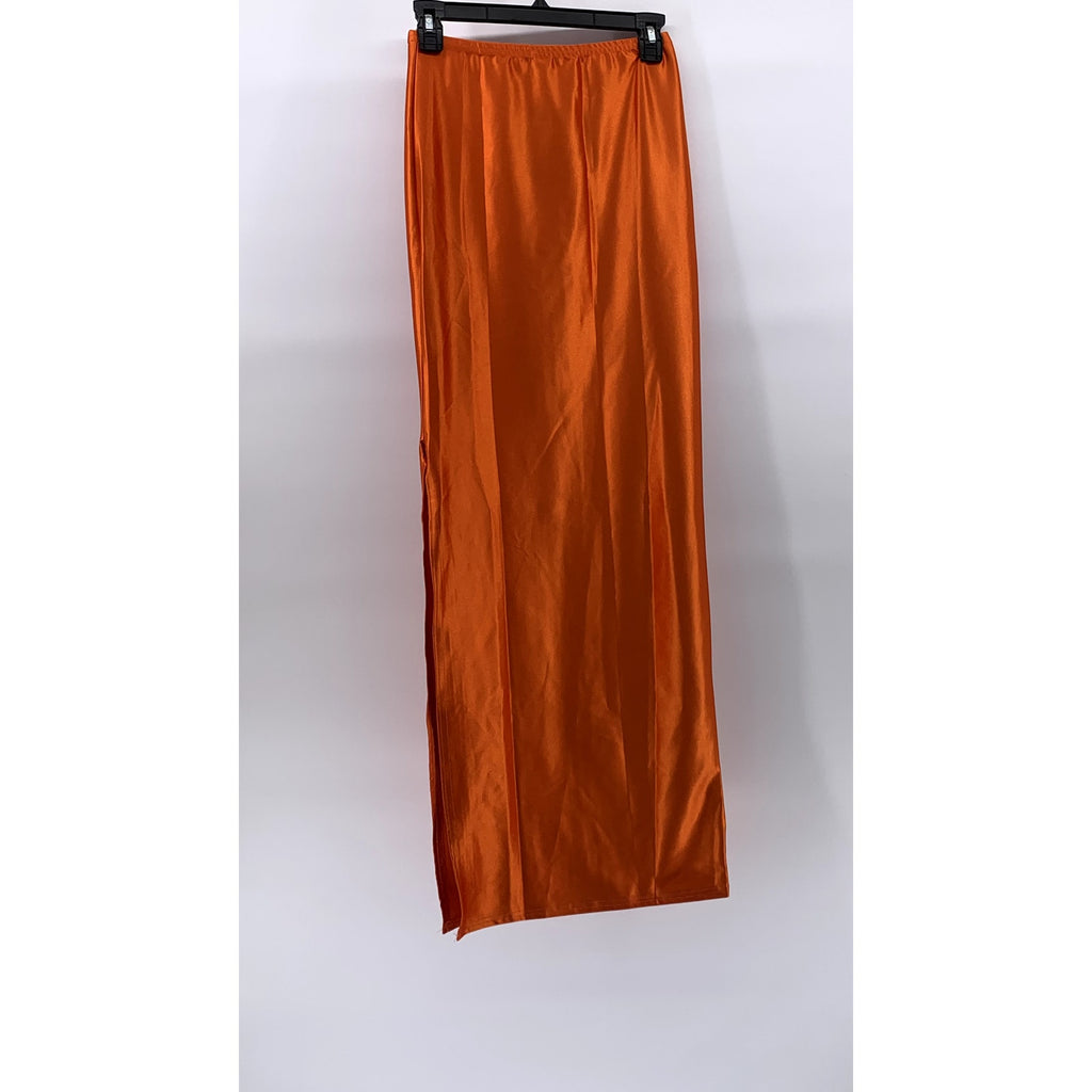 PRETTYLITTLETHING Women's Orange Rust Satin Stretch Side Slit Maxi Skirt SZ 4