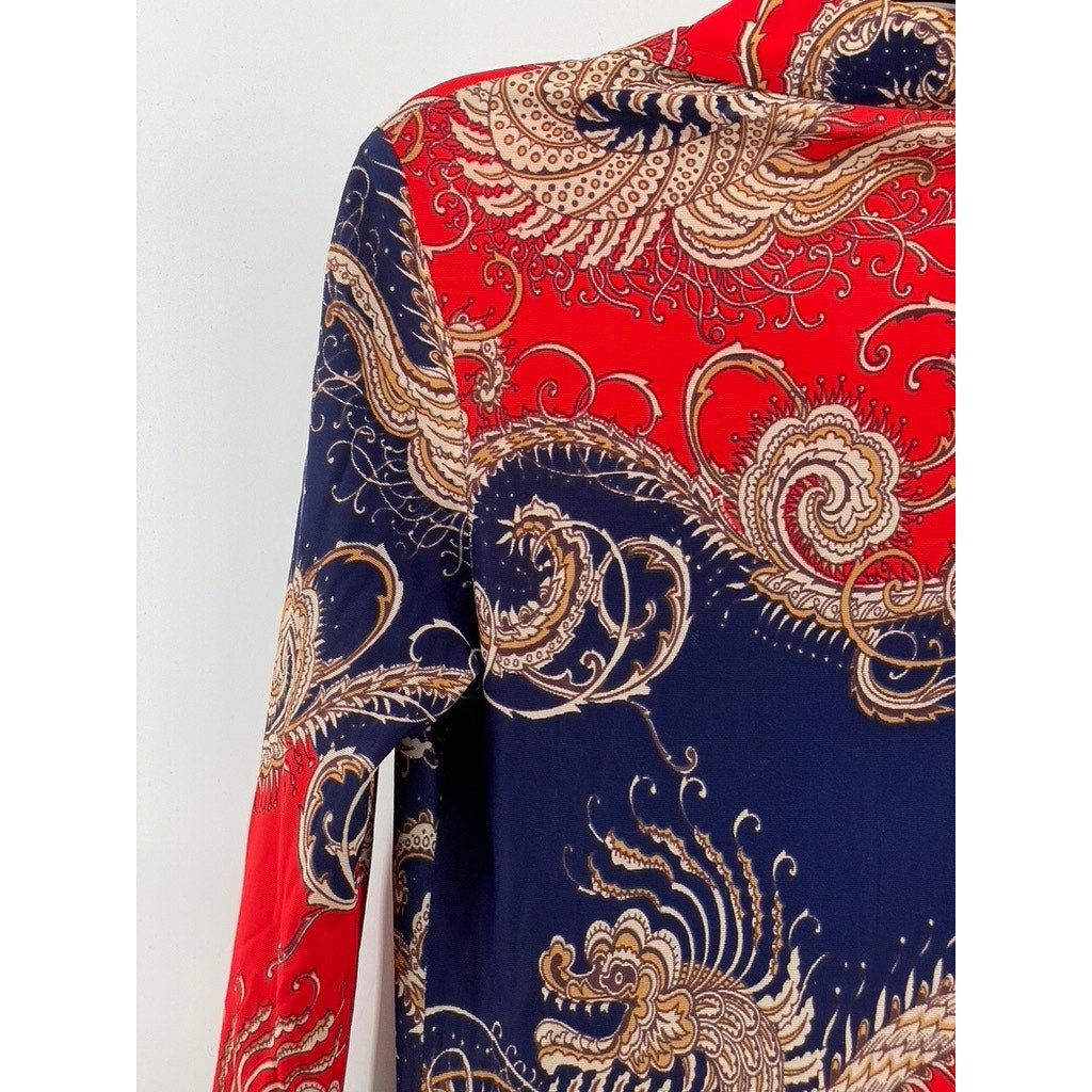 RICHARD SHOPS Women's Red-Navy Dragon Print Henley Long Sleeve Maxi Dress SZ 14