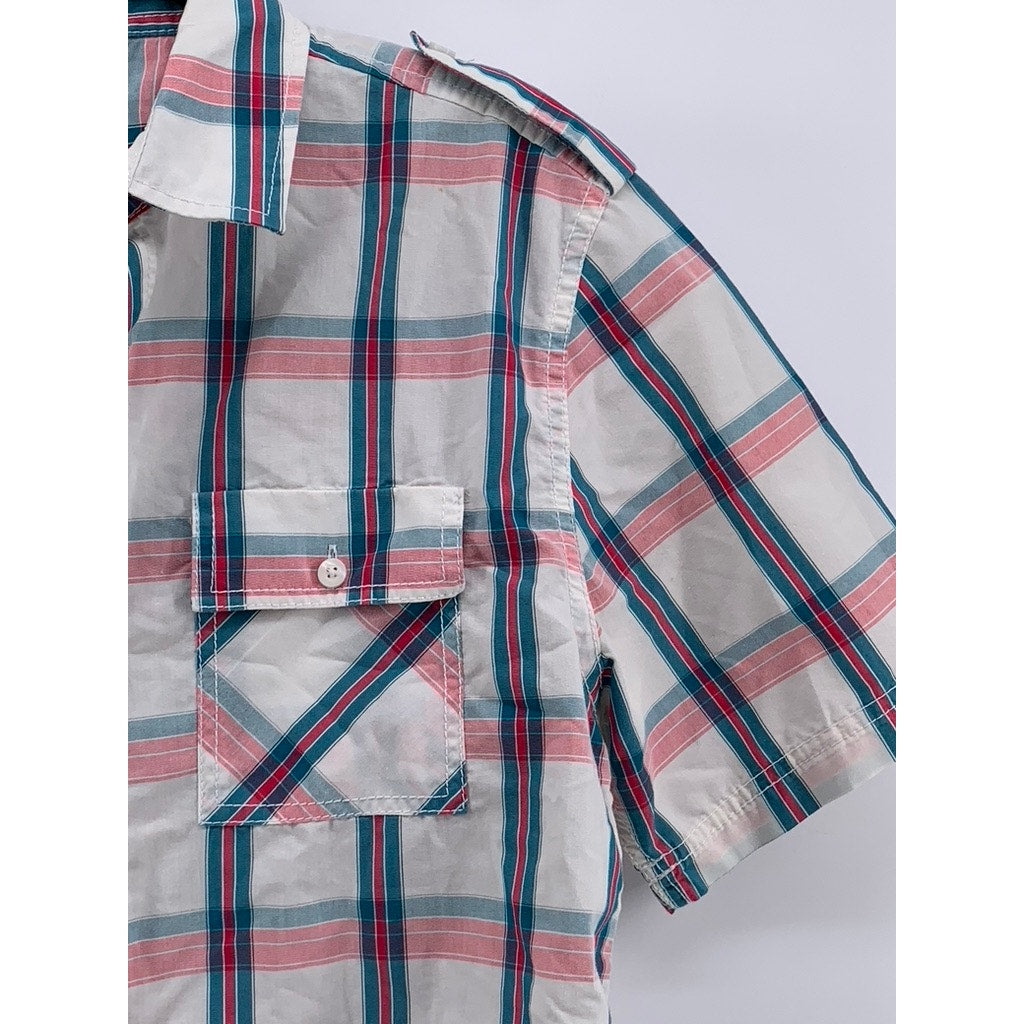 AMERICAN RAG Men's White-Multi Checkered Button-Up Short Sleeve Shirt SZ S