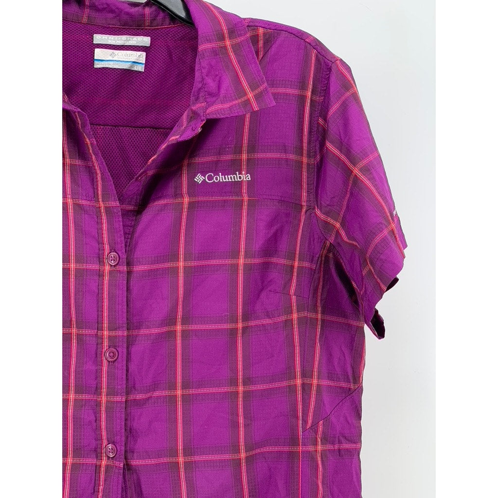 COLUMBIA Women's Purple Plaid Omni-Shade Button-Up Top SZ L