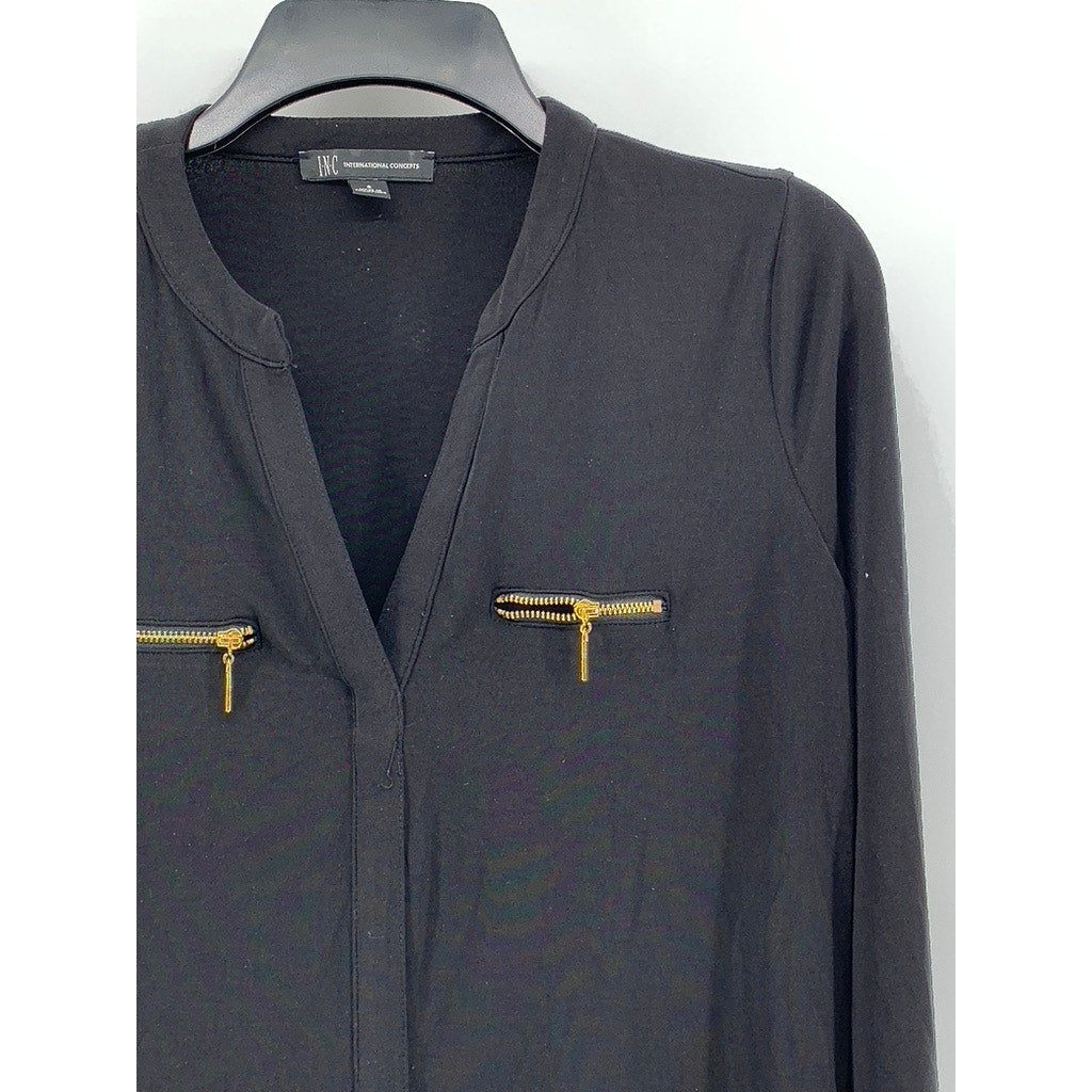 INC INTERNATIONAL CONCEPTS Women's Black Split-Neck Long Sleeve Top SZ S