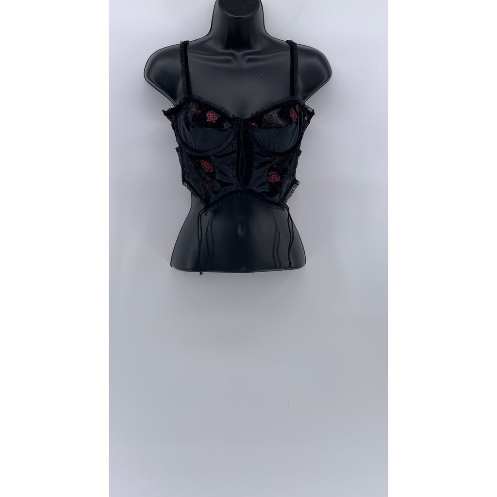 FOR LOVE AND LEMONS Women's Black Mesh-Velour Sweetheart Goth Crop Top SZ M