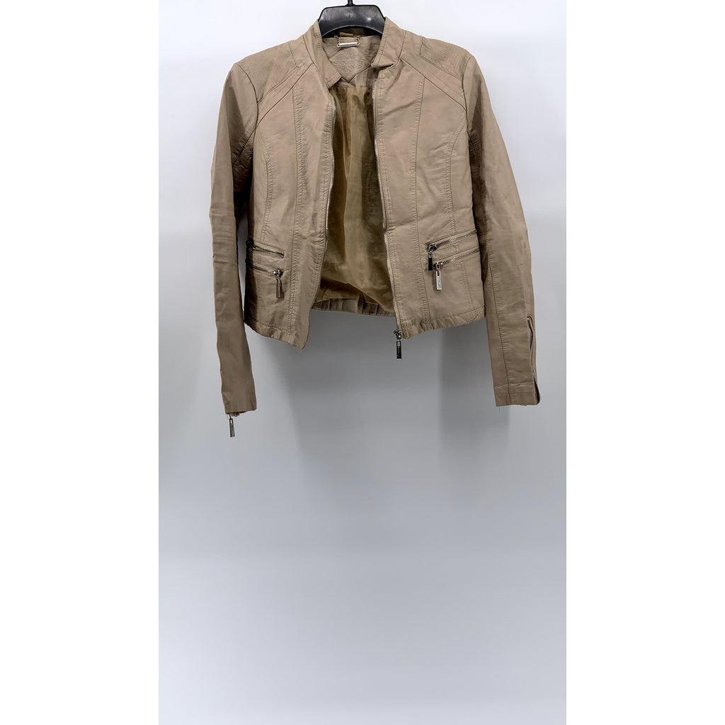 JOUJOU Women's Beige Faux-Leather Collarless Zip-Up Moto Jacket SZ M