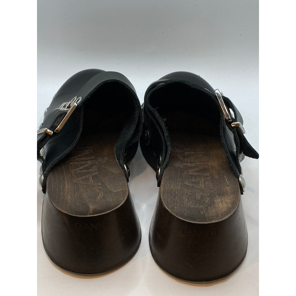 GANNI Women's Black Leather Retro Studded Slip-On Clog SZ 39(US9)