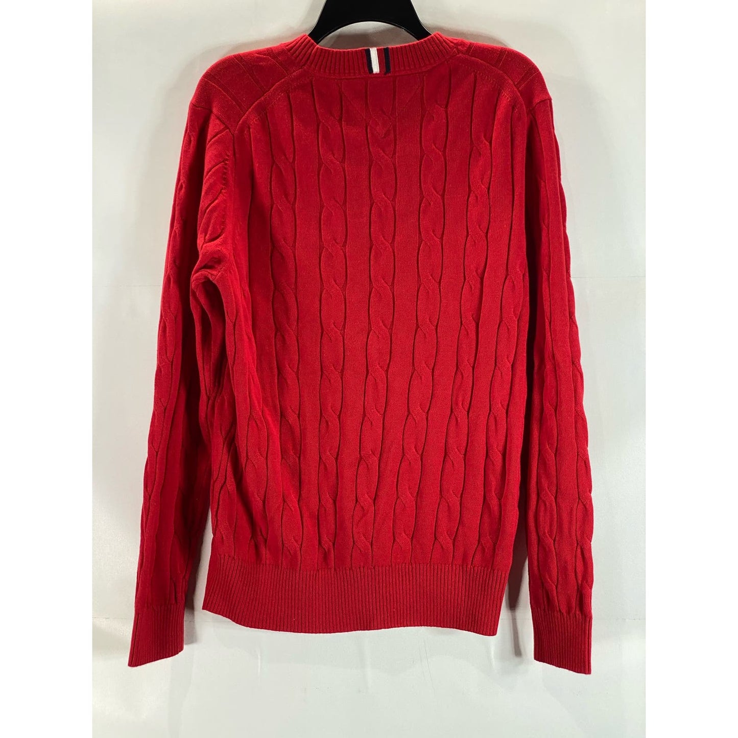 TOMMY HILFIGER Men's Red Cable-Knit Crewneck Flag Logo Pullover Sweater SZ M