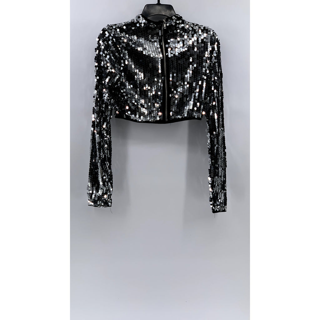 HOT & DELICIOUS Women's Silver-Black Sequin Cropped Long Sleeve Top SZ S