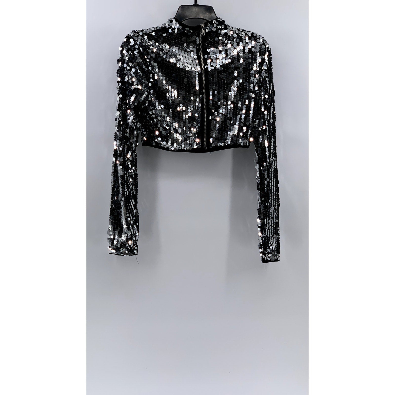 HOT & DELICIOUS Women's Silver-Black Sequin Cropped Long Sleeve Top SZ S